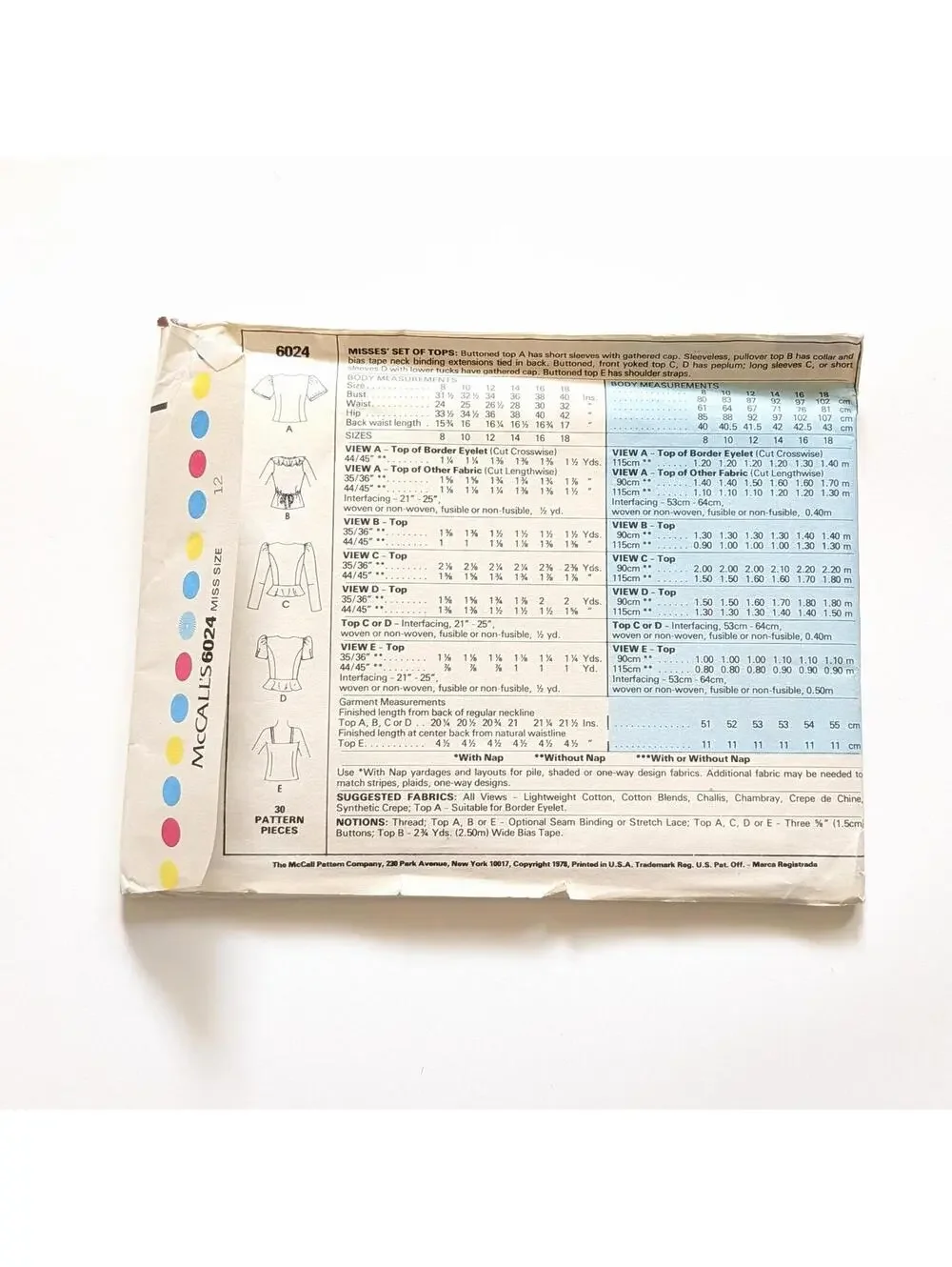 1978 Vintage McCall's 6024 Sewing Pattern - Misses Set of Tops